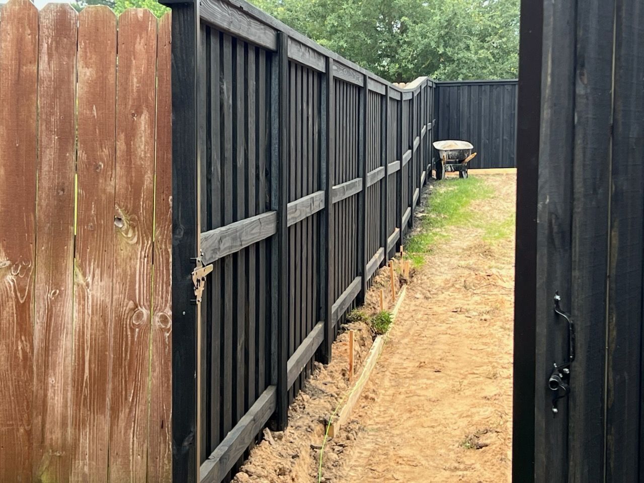 Black wooden fence along a dirt path; a wheelbarrow sits in the background.