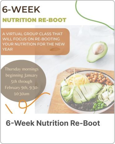 A poster for a virtual group class that will focus on re-booting your nutrition for the new year