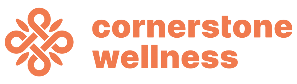 A logo for cornerstone wellness with an orange flower on a white background.