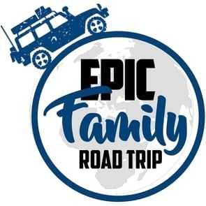 A logo for epic family road trip with a jeep on top of a globe.