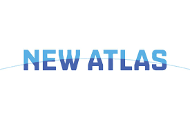 A blue and white logo for new atlas on a white background.