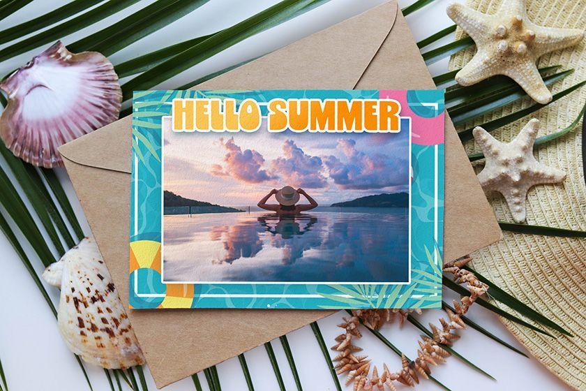 Hello Summer postcard with beach sunset photo and tropical seashells on a striped background