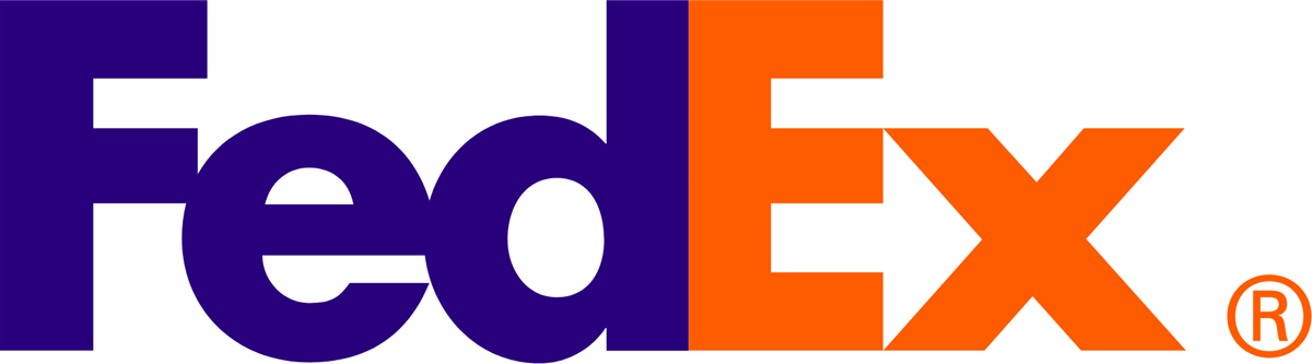 Un logo fedex violet et orange sur fond blanc