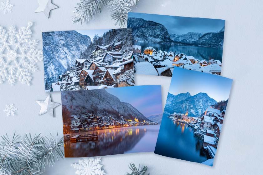 Vases with a plant in it next to pictures of people on the beach