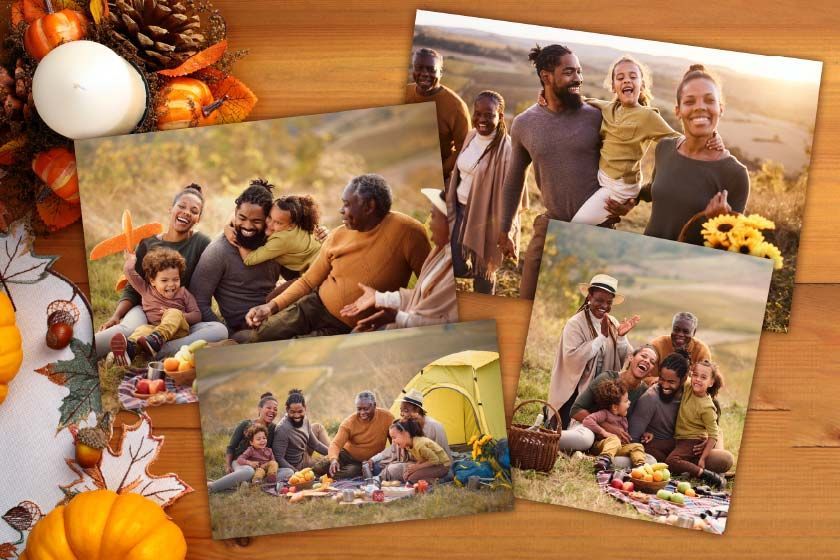 A collage of four pictures of a family hanging on a wall.