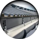 A close up of a gutter on a roof