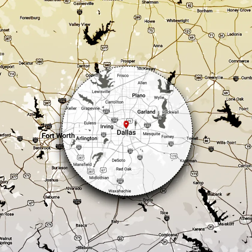 A map showing the location of dallas in a circle