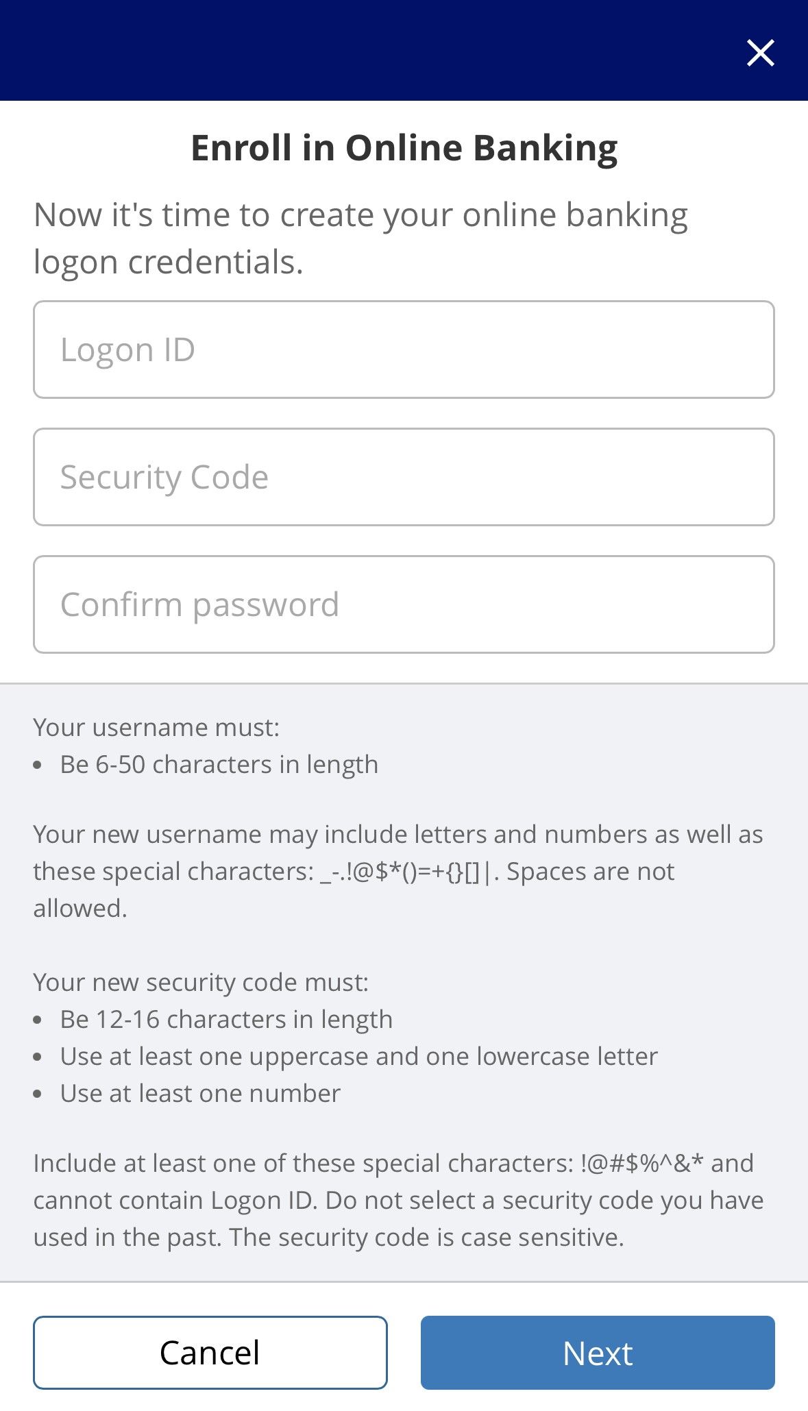 Credential setup screen