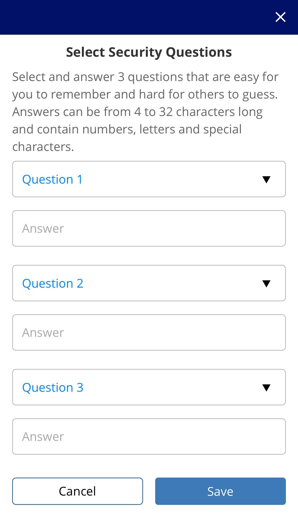 Security questions screen