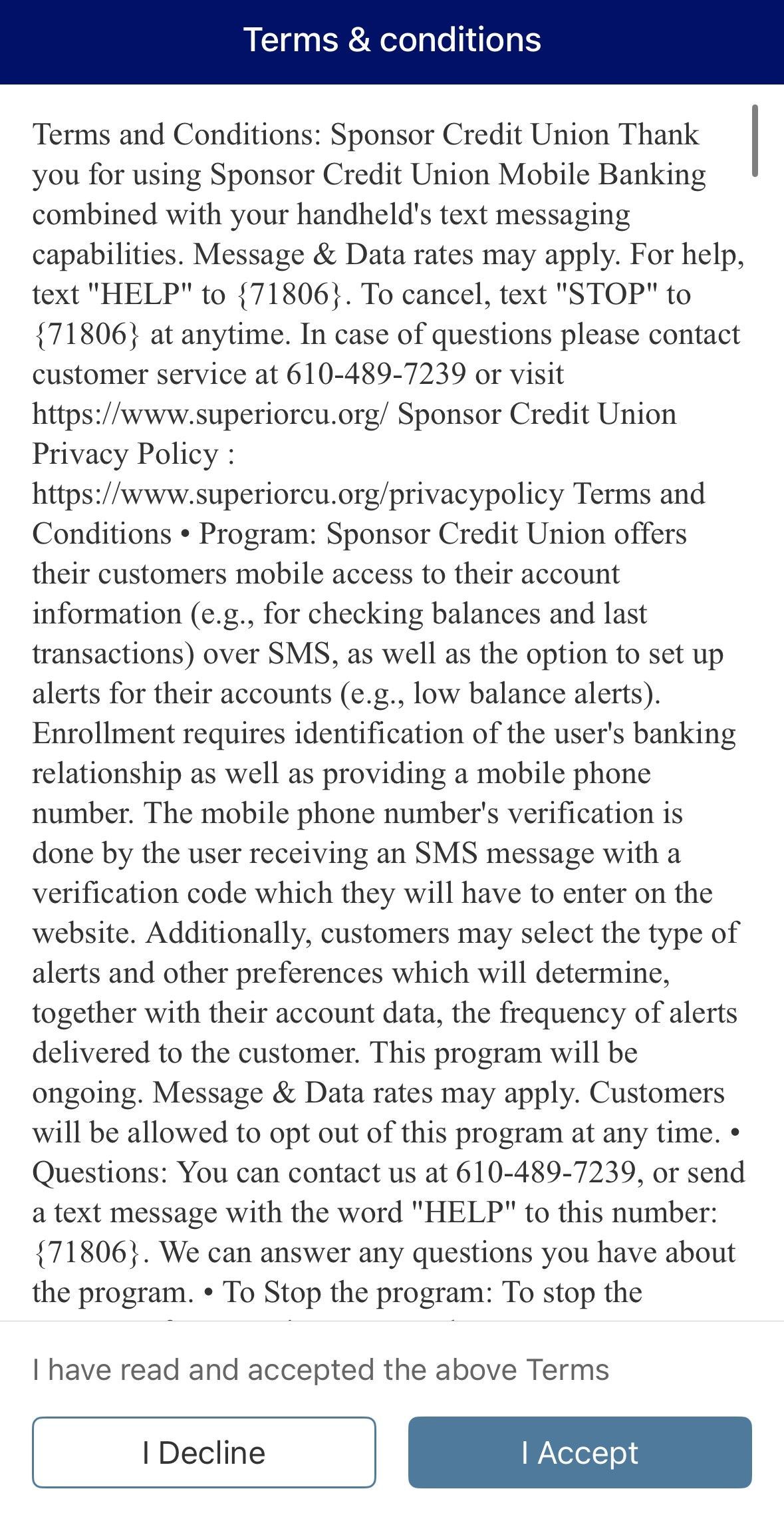 Terms and conditions screen