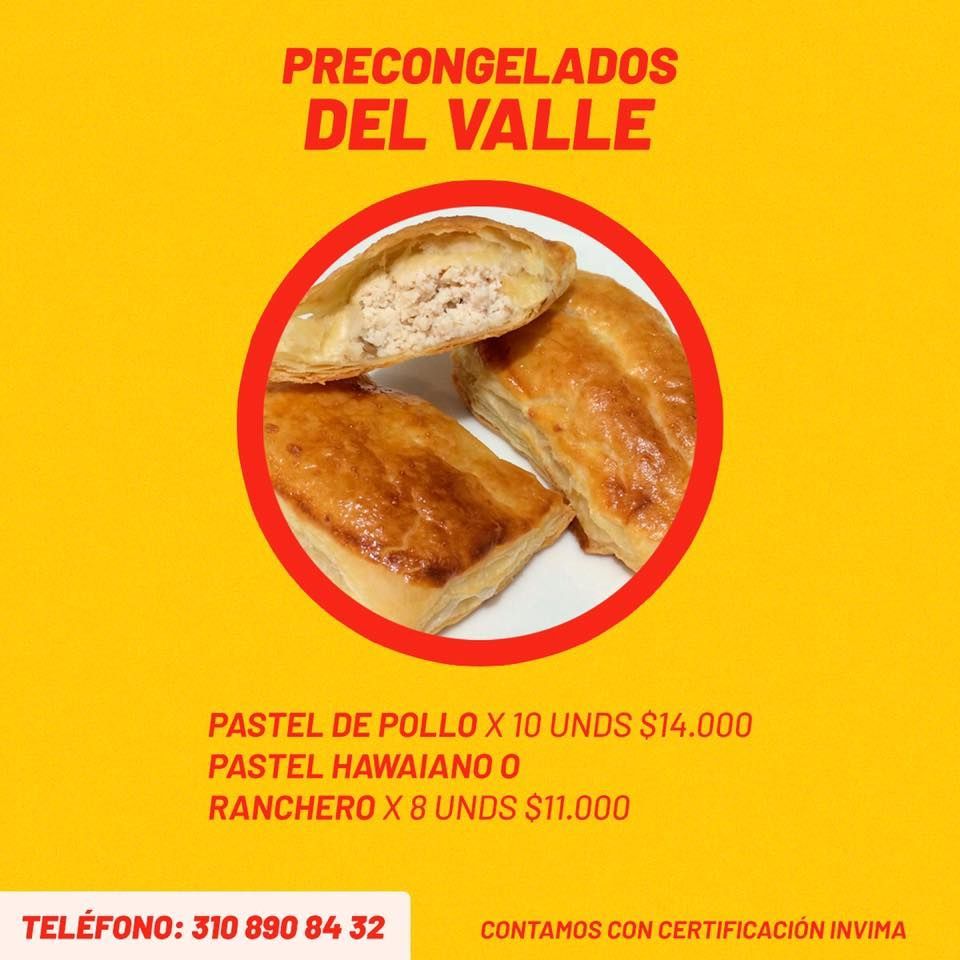 Anuncio de pasteles congelados: pasteles de pollo (10 por $14,000) y pasteles hawaianos o rancheros (8 por $11,000). Incluye número de teléfono.