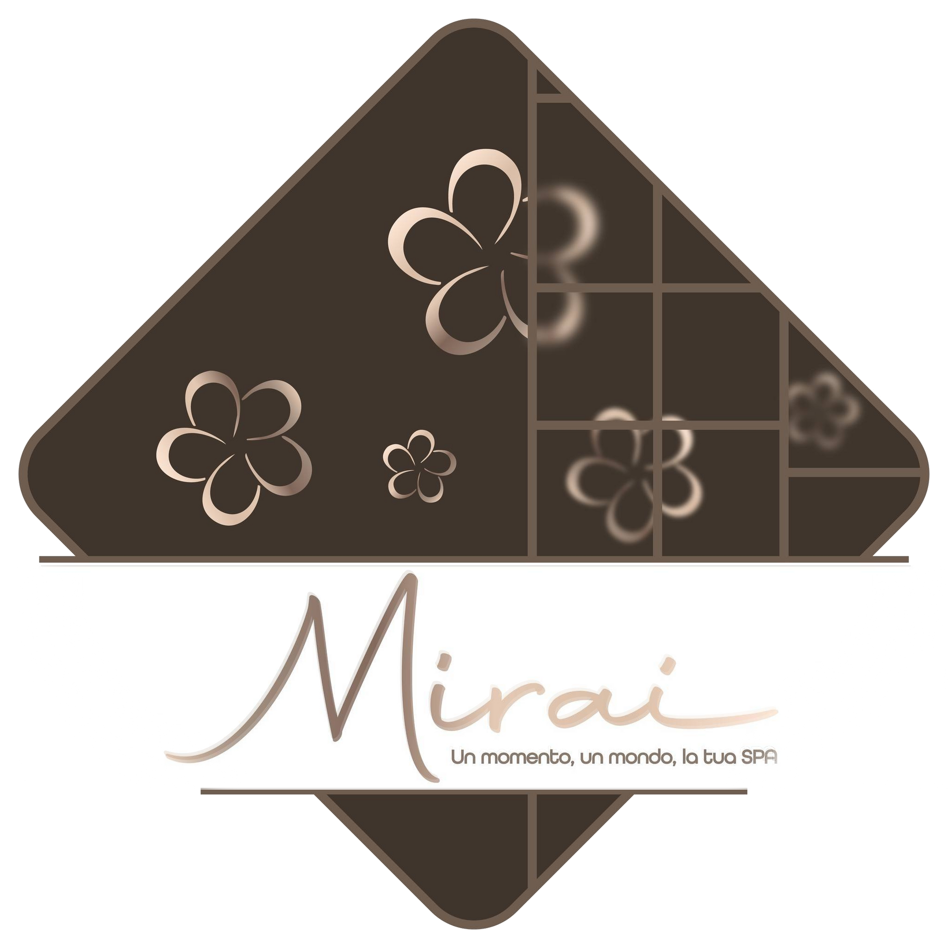 Logo per Mirai spa. Rombo marrone con illustrazioni floreali, scritta