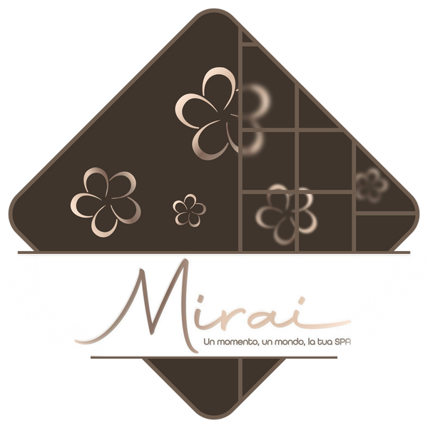 Logo per Mirai spa. Rombo marrone con illustrazioni floreali, scritta 