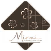 Logo for Mirai Spa: brown diamond with gold flowers and text 