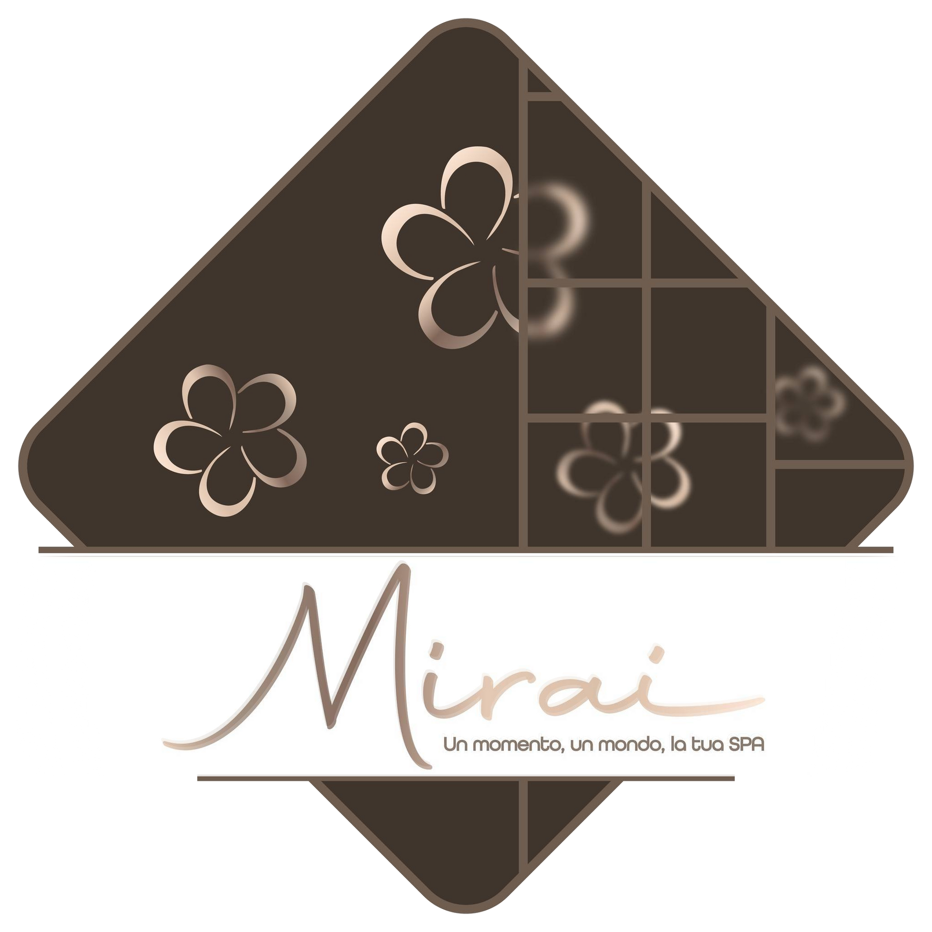 Logo for Mirai Spa: brown diamond with gold flowers and text
