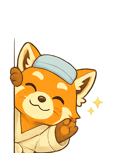 Un panda rosso con un cappello da chef fa capolino da dietro un angolo, sorride, porta il pugno alla guancia e brilla.