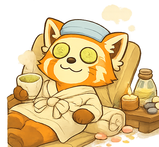 Un panda rosso si rilassa indossando un accappatoio da spa con cuscinetti per gli occhi al cetriolo, tenendo in mano una tazza e circondato da articoli da spa.