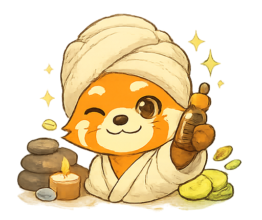 Panda rosso in accappatoio e asciugamano con in mano una bottiglia di olio, circondato da pietre, una candela e cetrioli.