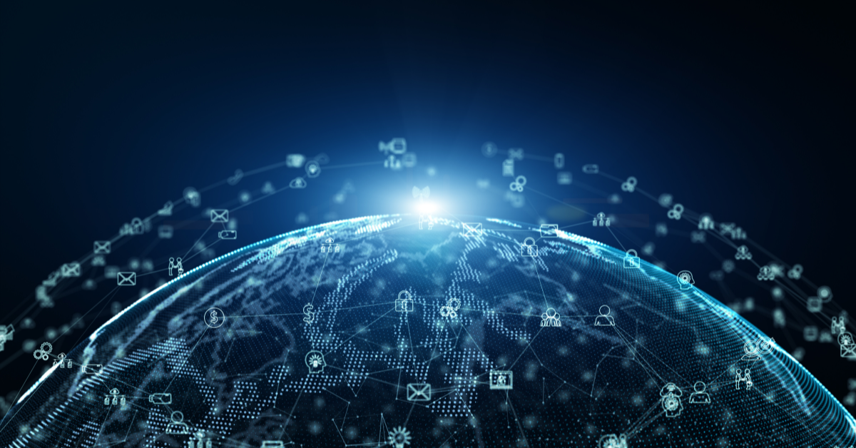 Digital globe surrounded by cloud icons and connected communication symbols