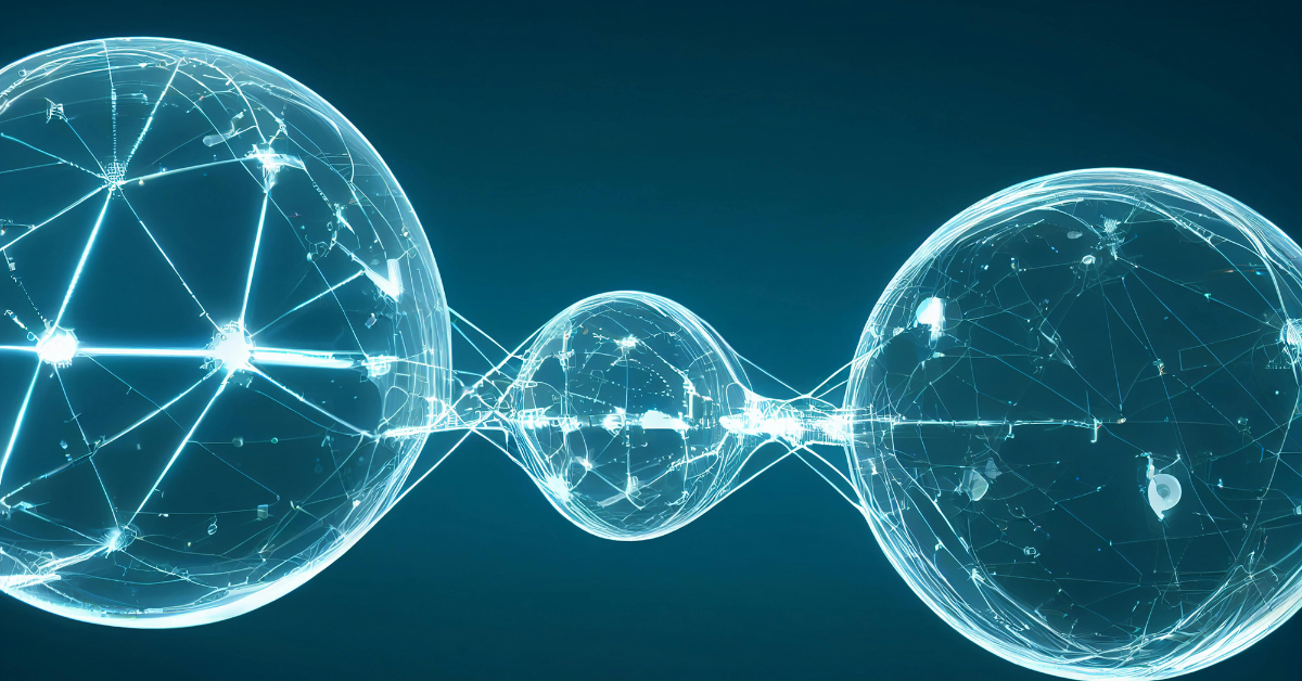 Digital illustration of interconnected glowing spheres representing cloud data transfer