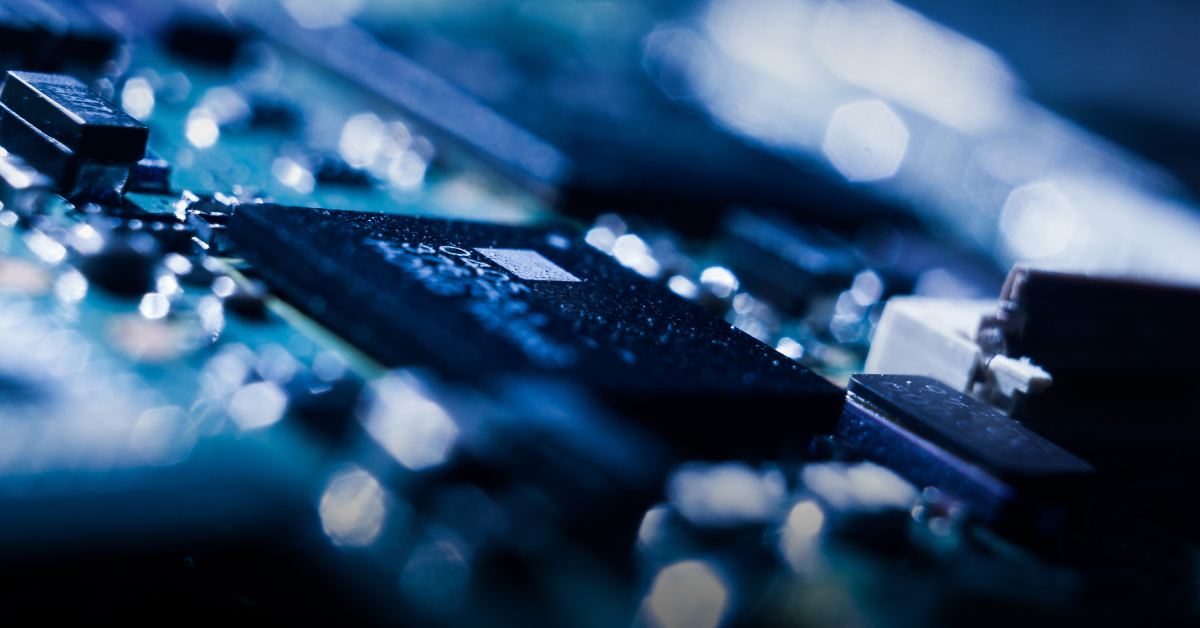 Close-up view of computer microchips on a circuit board.