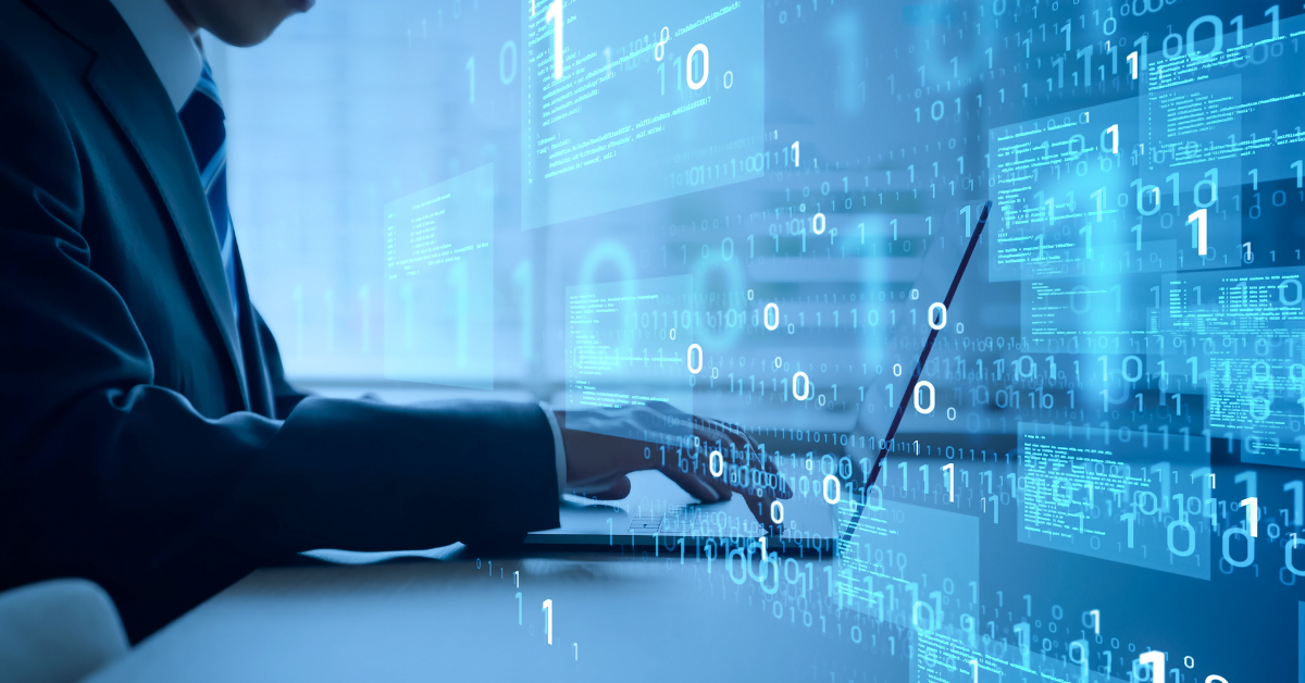 Person typing on a laptop with floating document icons, suggesting cloud file access