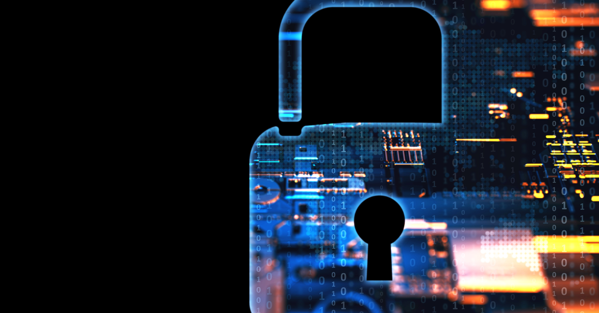 Digital lock composed of circuitry and binary code on a black background