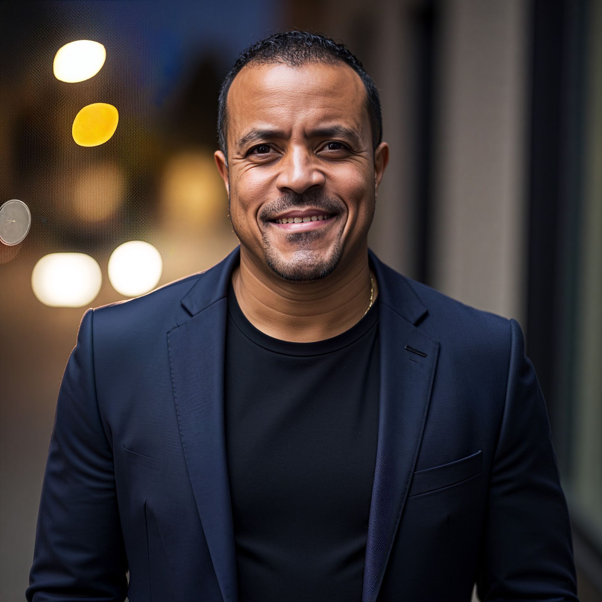 A man in a suit and black shirt is smiling for the camera.
