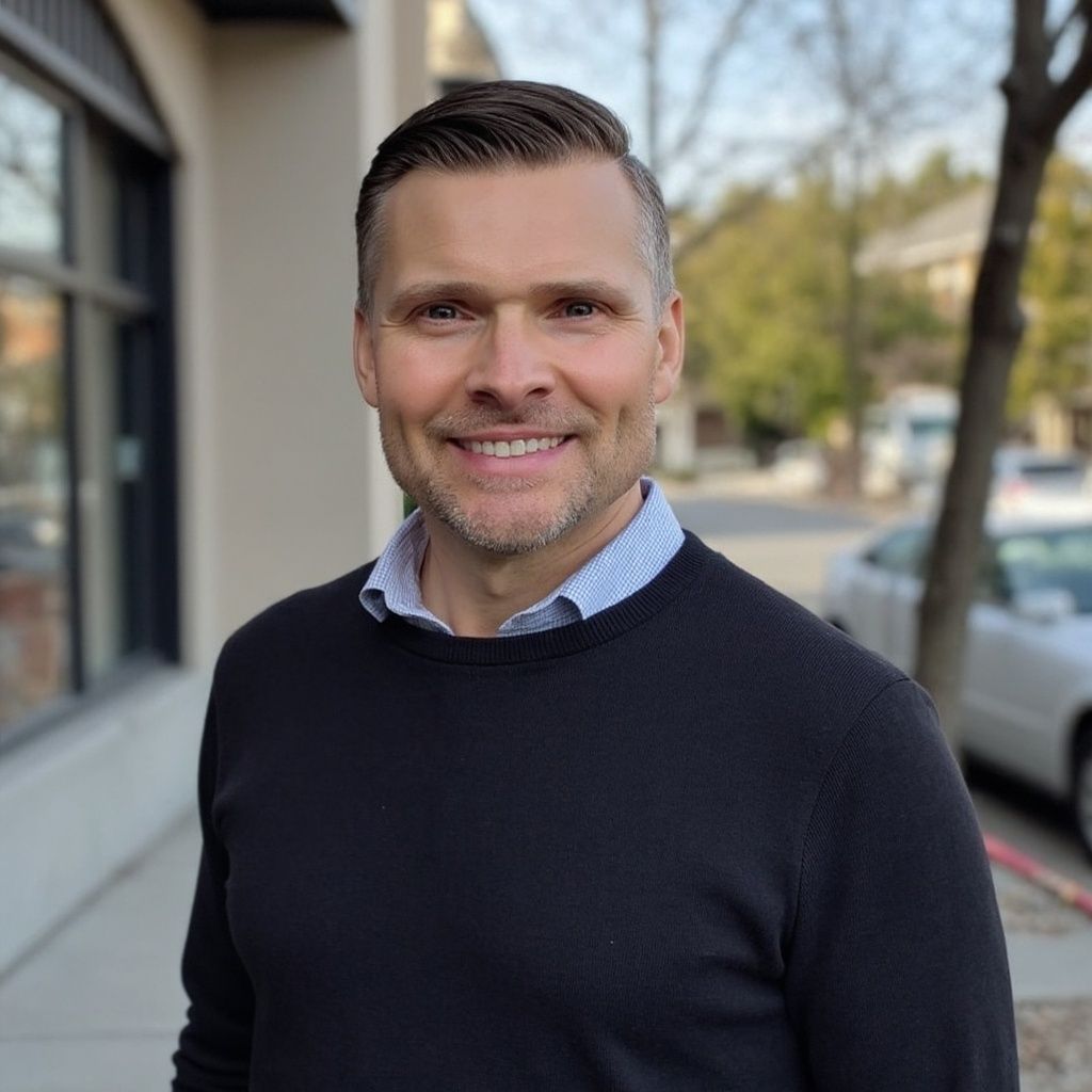A man in a black sweater is smiling for the camera