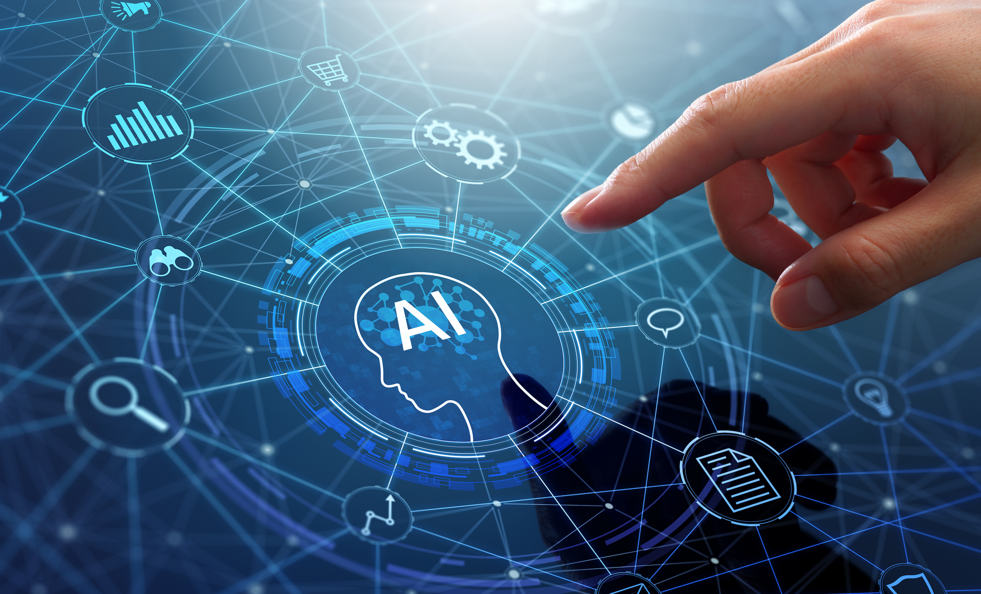 A person is pressing a button on a screen that says ai.