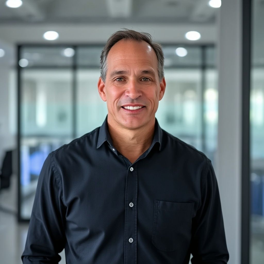 A man in a black shirt is smiling for the camera.