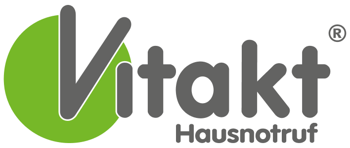 Das Vitakt Hausnotruf-Logo zeigt ein graues stilisiertes V auf einem grünen Kreis neben dem Wort Vitakt und dem Text Hausnotruf.