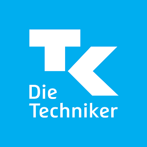 Ein weißes Logo mit einem stilisierten „TK“ und dem Text „Die Techniker“ auf einfarbig blauem Hintergrund.