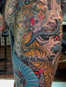 Traditional Japanese tiger and water by artist Brian Bruno at Absolute Art Tattoo