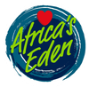 Logo for Africa's Eden: Green script over a blue circle with a red heart on top.