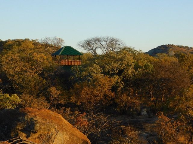 Gazebo with green roof surrounded by autumn-colored trees on a hillside under a clear sky.