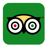 Tripadvisor logo: Owl with white eyes, red and green pupils, on a green square background.