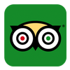 Tripadvisor logo: Owl with white eyes, red and green pupils, on a green square background.