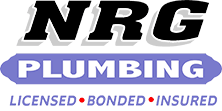The logo for nrg plumbing is licensed , bonded , and insured.