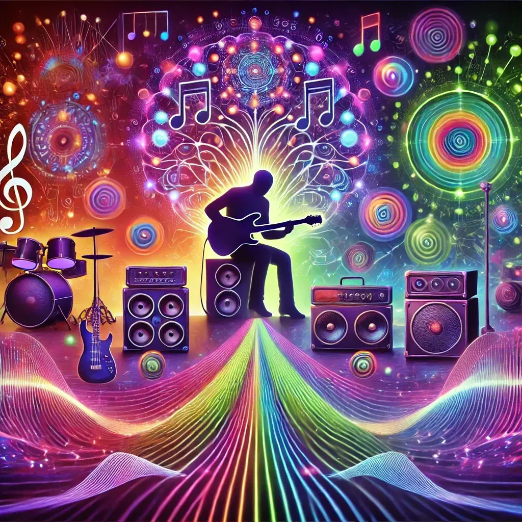A man is playing a guitar in front of a colorful background.