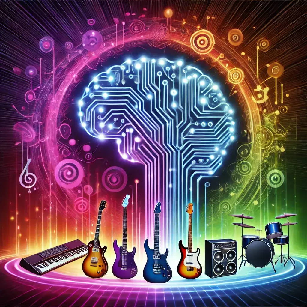 A group of guitars are lined up in front of a brain shaped circuit board.
