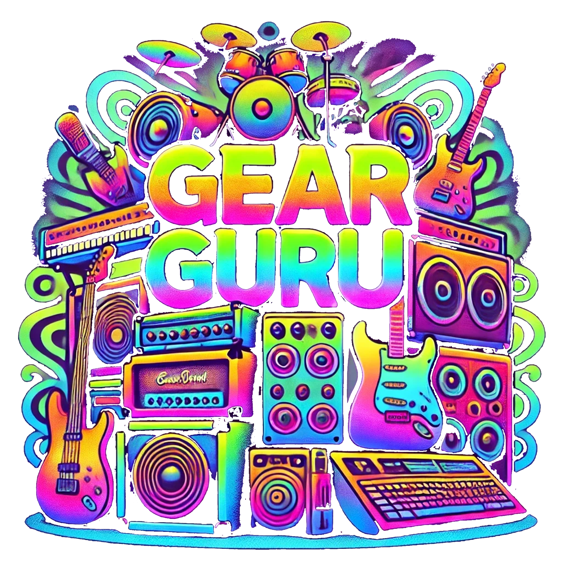 A colorful illustration of musical instruments and the words  gear guru.