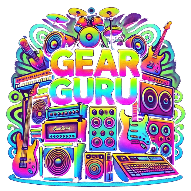 A colorful illustration of musical instruments and the words gear guru.