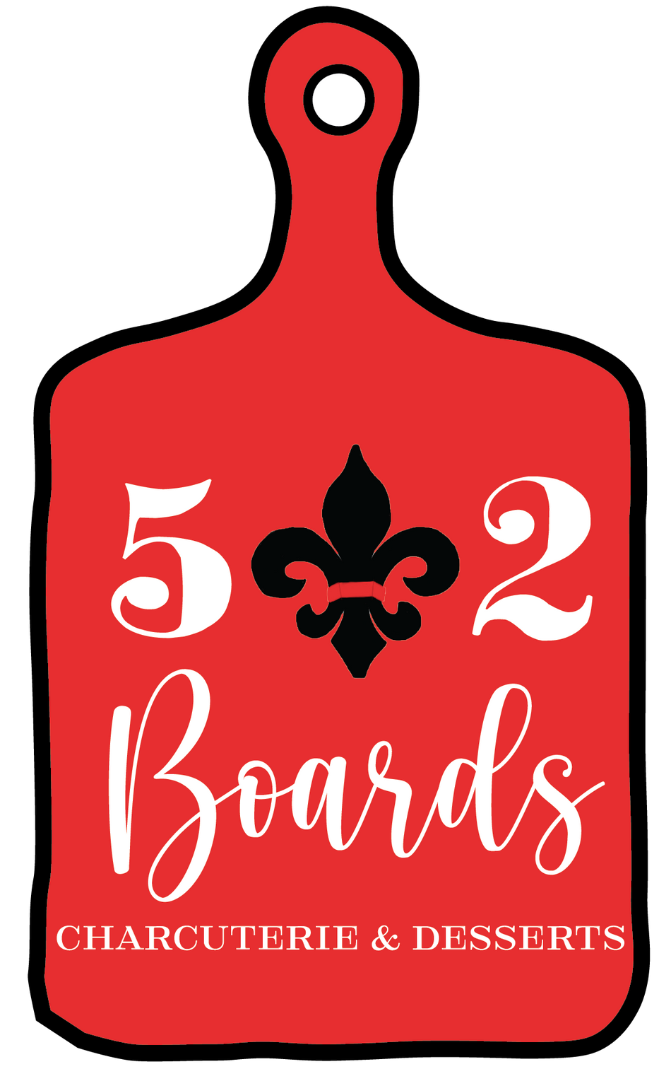 A red cutting board with the words `` 5 2 boards charcuterie & desserts '' written on it.