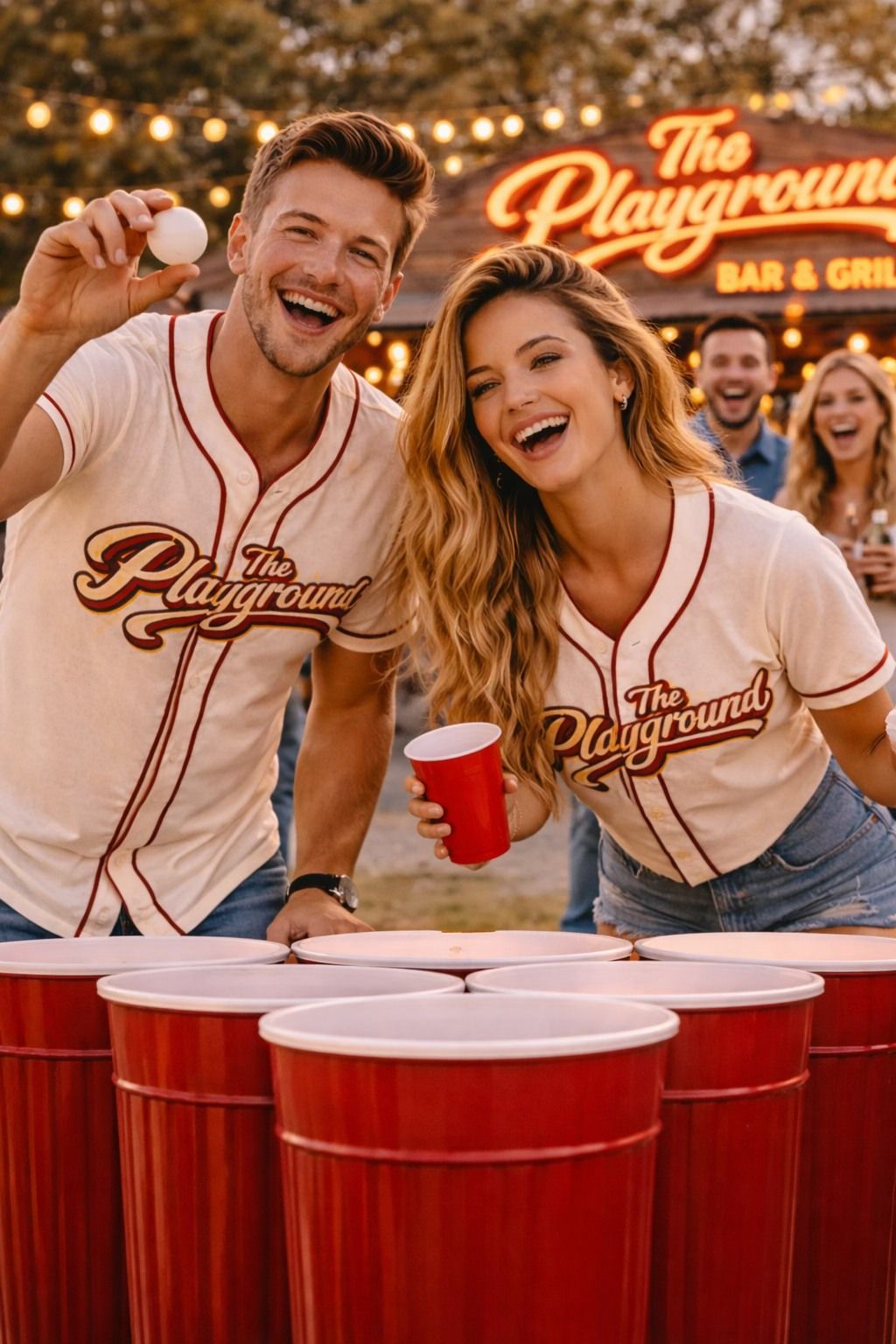 Two people playing beer pong at The Playground bar, smiling behind red cups under warm string lights