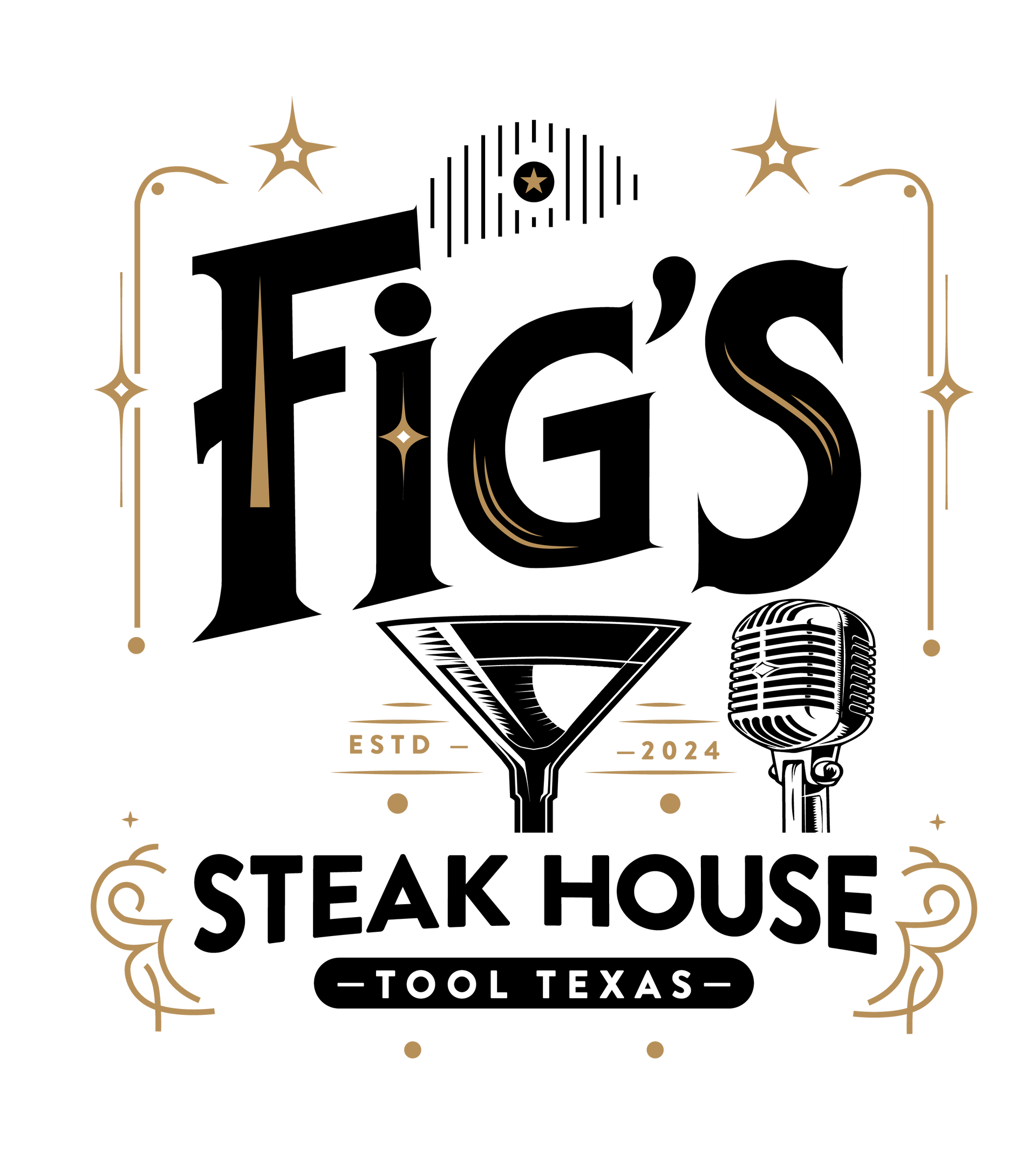 Figs Steak House logo with black typography, martini glass, microphone, and gold accents; Tool, Texas.