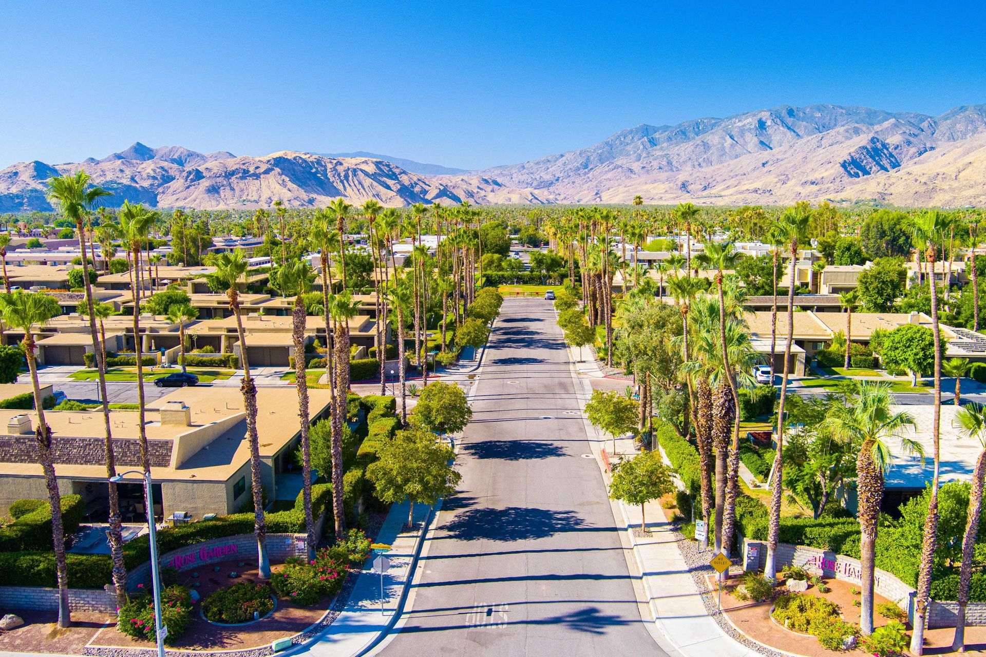 An aerial view of a residential neighborhood in Palm Springs with palm trees and mountains in the background.