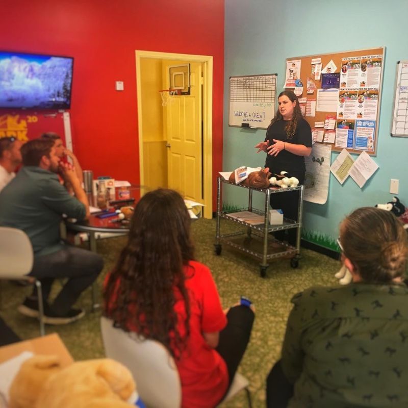 A woman is giving a presentation to a group of people