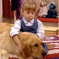 A little girl is petting a dog on a bed.