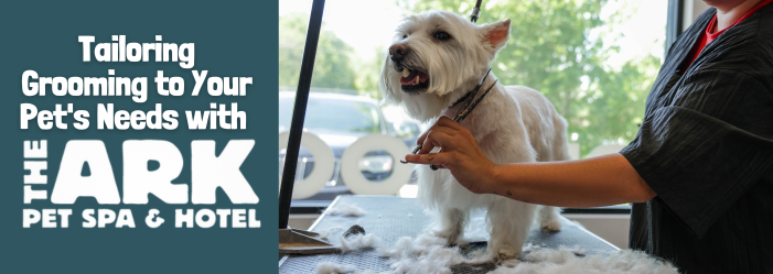 A person is tailoring grooming to your pet 's needs with the ark pet spa & hotel.